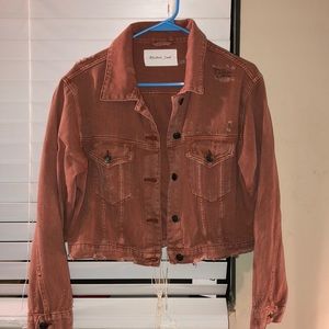 Mustard Seed coral colored cropped denim jacket